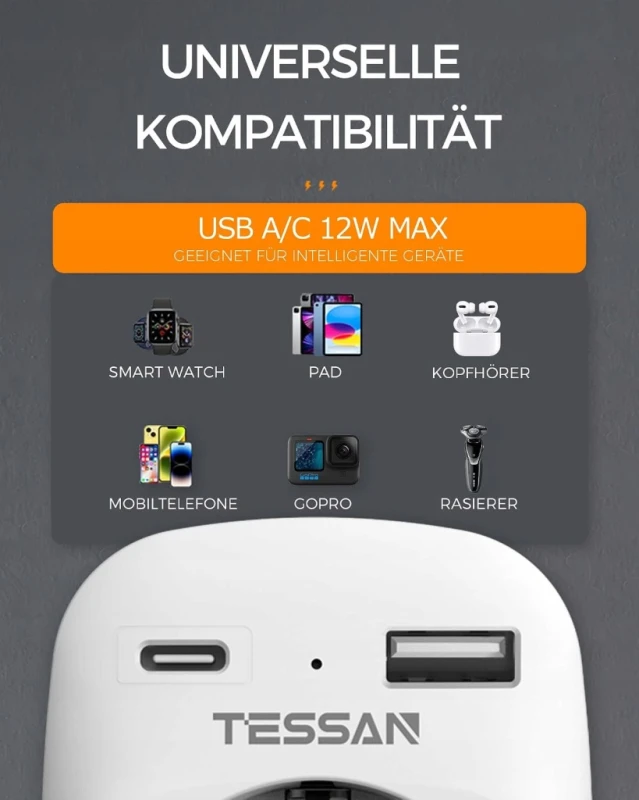 TESSAN adapter podróżny UK typ G Schuko USB-C USB-A 3250 W 3w1