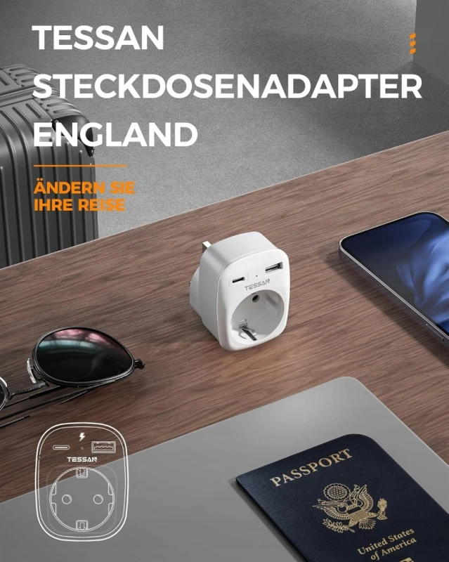 TESSAN adapter podróżny UK typ G Schuko USB-C USB-A 3250 W 3w1