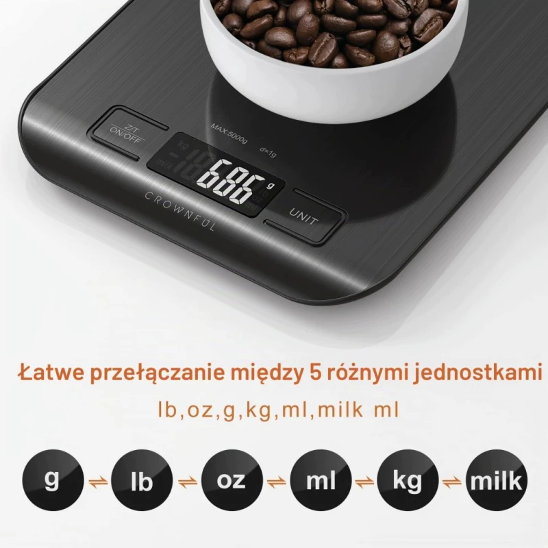CROWNFUL waga kuchenna 5 kg LCD TARA 5 jednostek stal nierdzewna czarna