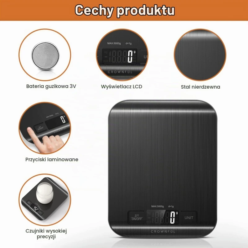 CROWNFUL waga kuchenna 5 kg LCD TARA 5 jednostek stal nierdzewna czarna
