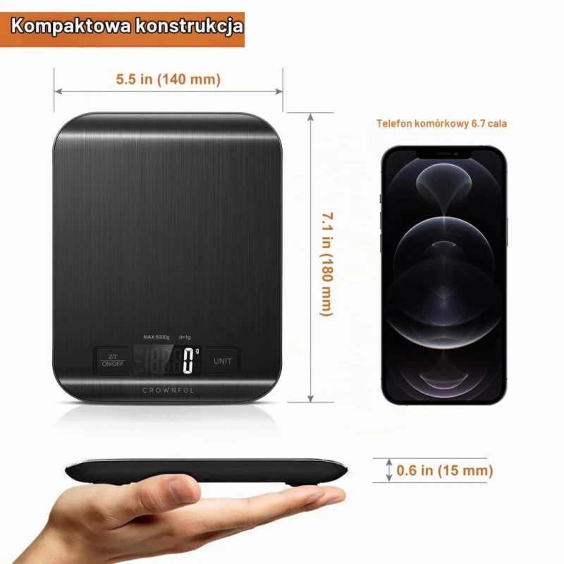 CROWNFUL waga kuchenna 5 kg LCD TARA 5 jednostek stal nierdzewna czarna