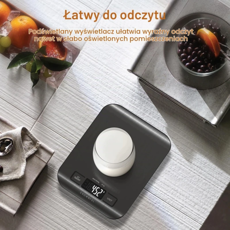 CROWNFUL waga kuchenna 5 kg LCD TARA 5 jednostek stal nierdzewna czarna
