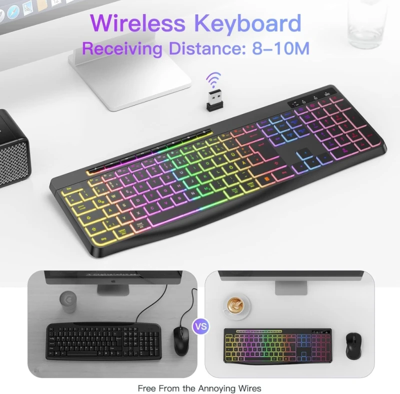 TECURS klawiatura bezprzewodowa 2,4 GHz QWERTZ LED gamingowa czarna