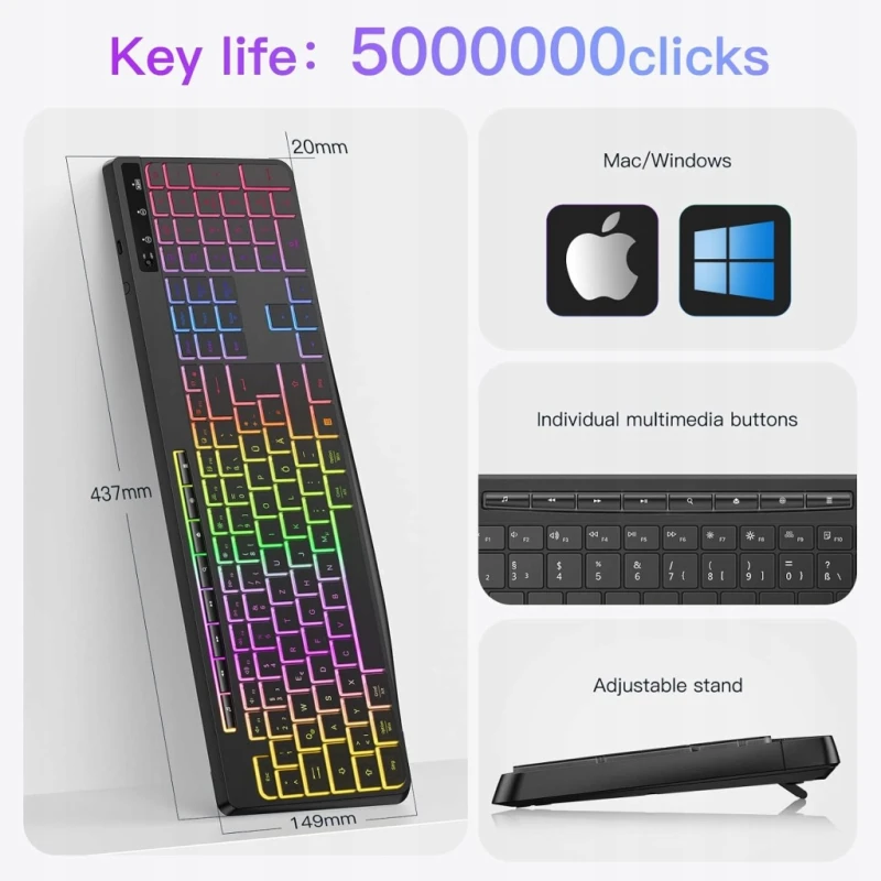 TECURS klawiatura bezprzewodowa 2,4 GHz QWERTZ LED gamingowa czarna